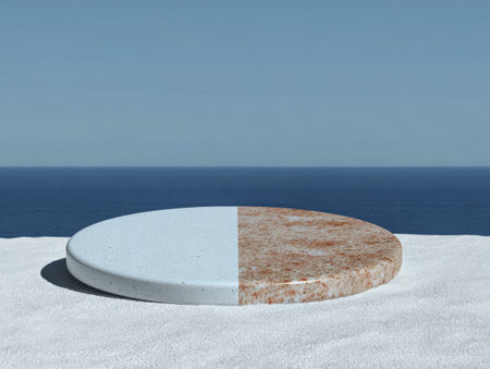 A unique circular table is split down the middle, showcasing contrasting textures and colors, set against a tranquil ocean view under a clear blue sky during midday.の素材
