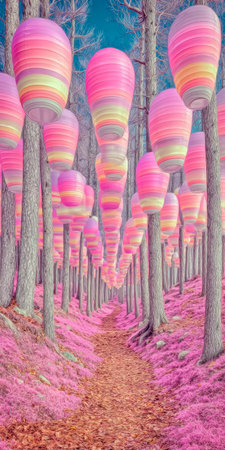 A tranquil forest path is adorned with vibrant pink lanterns hanging from the trees, creating a magical atmosphere at twilight. Soft pink grass complements the enchanting scenery.の素材