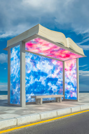 Unique bus stop designed to look like an open book, featuring vibrant lighting and scenic views of the ocean under a bright blue sky. Perfect blend of art and functionality.の素材