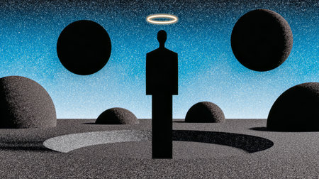 A solitary figure stands in a barren, abstract landscape illuminated by a glowing halo. Surrounding the figure are dark spheres, set against a twilight sky filled with stars.の素材