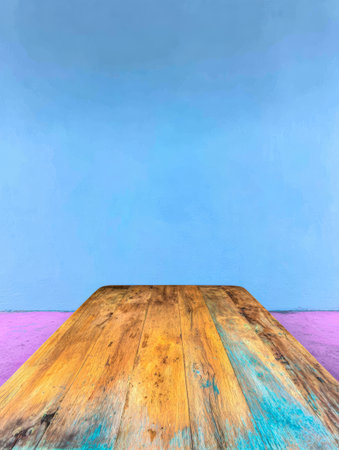 A rustic wooden table with natural imperfections sits in front of a bright blue wall and a playful purple floor, creating a colorful and inviting atmosphere for gatherings.の素材
