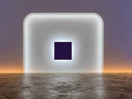 A striking square installation stands illuminated inside a modern gallery. Soft light outlines the shape against a textured wall, creating a captivating contrast and atmosphere.の素材