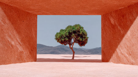 A solitary tree stands prominently within a stone enclosure on a dry desert landscape. Surrounding mountains provide an intriguing backdrop, enhancing the scene's beauty and isolation.の素材