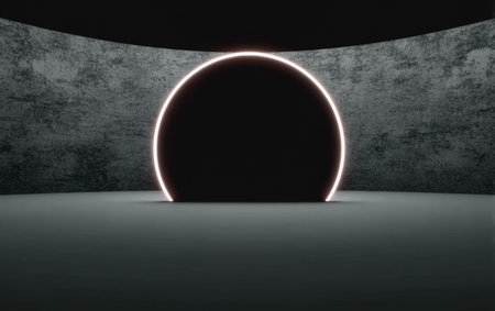 A sleek, minimalist environment is highlighted by a glowing arc against a textured wall. The ambiance evokes a sense of tranquility and modernity, perfect for contemporary art enthusiasts.の素材