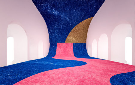 A creative art space showcases a striking design with a blend of pink, blue, and gold hues. The unique floor and wall contours create an immersive experience for visitors.の素材