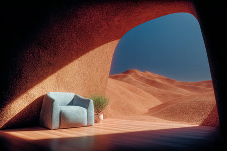 A plush chair sits near a large archway, providing a clear view of rolling sand dunes under a vibrant blue sky. The interior is warmly lit, creating a peaceful atmosphere.の素材