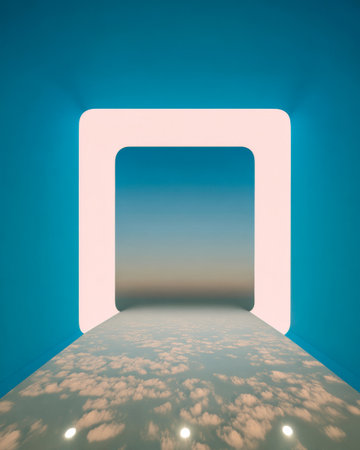 A striking geometric structure creates a portal, revealing a serene blend of clouds and a gradient sky. The setting embodies contemporary art with calming colors and lines.の素材