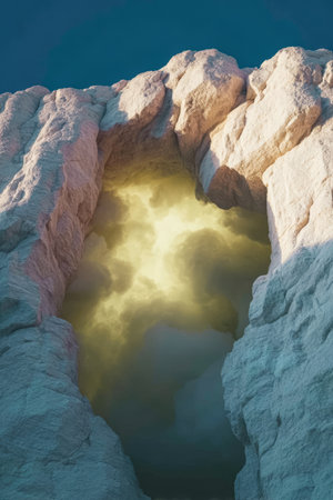 Golden light seeps through a rocky cleft at dusk, illuminating the misty atmosphere within the crevice. A stunning contrast between stone and ethereal glow creates an enchanting view.の素材