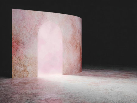 A softly lit archway stands in a dark, minimalist environment. The arch emits a gentle pink glow, creating a serene and dreamlike atmosphere in the twilight setting.の素材