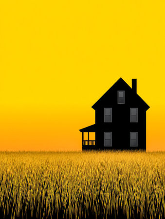 A solitary black house stands tall against a radiant sunset. The golden fields stretch toward the horizon, creating a tranquil contrast with the colorful sky.の素材
