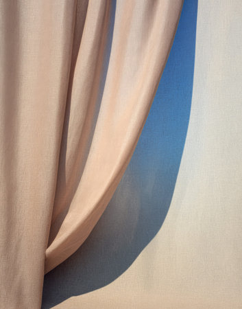 Light fabric drapes hang gracefully, creating soft shadows against a sunlit wall. The serene colors and texture evoke a peaceful atmosphere in the space.の素材