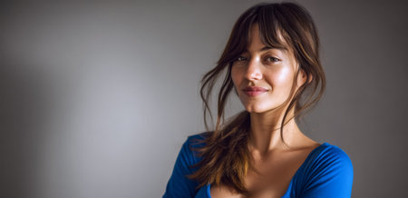 A woman stands against a gray wall, her long brown hair gently falling over her shoulder. She is dressed in a blue top and has a warm smile, showcasing self-assurance and style.の素材