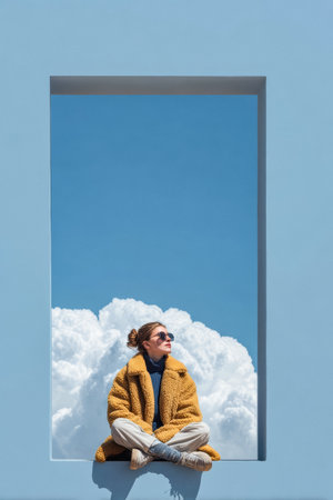 A woman sits cross-legged in a large geometric frame, wearing a cozy yellow coat. Soft clouds drift by against a clear blue sky, creating a serene atmosphere.の素材