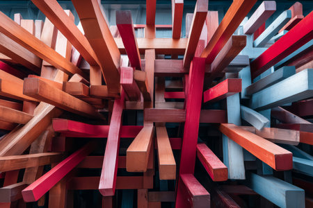Brightly colored wooden blocks in shades of red, brown, and blue are stacked and arranged artistically. This striking installation showcases creativity in an urban space.の素材