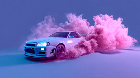 A sleek car drifts on a smooth surface, creating vibrant pink smoke around it. The urban environment is illuminated, highlighting the dynamic movement and excitement of the scene.の素材