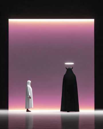 A young figure in a white robe stands facing a tall, dark figure draped in black, both illuminated by vibrant backdrop lights. The scene creates a striking contrast.の素材