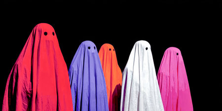 Five vibrant ghost figures in different colors gather closely in a dark space, creating a playful and festive atmosphere for a celebration or event.の素材