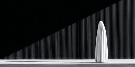 A tall figure cloaked in a flowing white garment stands alone against a contrasting dark wall with sharp lines, casting a dramatic shadow in bright daylight.の素材