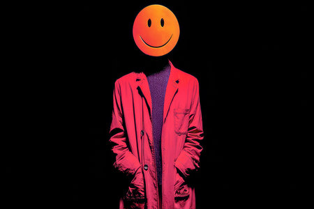 A person wearing a large smiley face mask stands confidently in a striking red coat with hands in pockets. The dark background enhances the vibrant colors, creating an eye-catching contrast.の素材