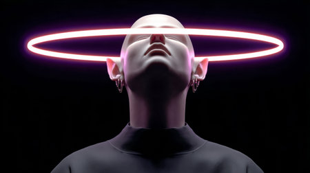 A person stands with eyes closed, wearing a black top and a glowing halo around their head. The background is dark, emphasizing the vibrant light and creating a striking visual contrast.の素材