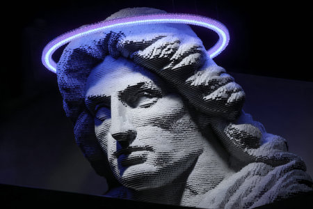 A stunning work of art showcases a larger-than-life sculpture made from building blocks. The piece, featuring a classic figure, is illuminated by a glowing halo.の素材