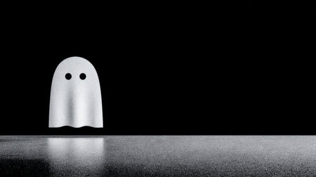 A simple ghost figure with two eyes appears on a reflective surface, set against a completely dark background. The scene captures a mysterious and playful ambiance.の素材