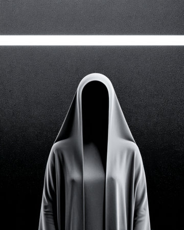 A figure shrouded in a flowing garment stands in a dark space beneath a bright, horizontal light. The scene evokes a sense of mystery and intrigue with its contrasting elements.の素材