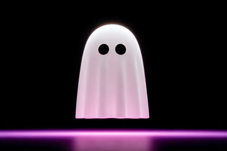 A translucent ghost figure hovers in a dark environment, its edges softly glowing. Below, a vibrant purple light adds a mystical touch to the scene.の素材