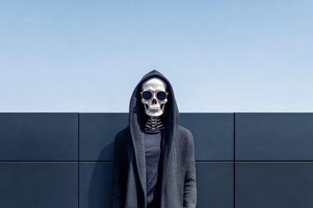 A skeleton dressed in a dark hoodie and sunglasses stands confidently against a sleek, modern wall under a bright blue sky. The scene combines elements of style and surrealism.の素材