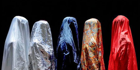 Five figures are covered in various colorful fabrics, standing closely together against a dark backdrop. The scene suggests a mix of mystery and artistic expression.の素材
