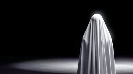 A figure draped in white cloth stands silently in a dark environment, illuminated by a soft spotlight. The scene evokes a sense of mystery and intrigue, inviting curiosity.の素材