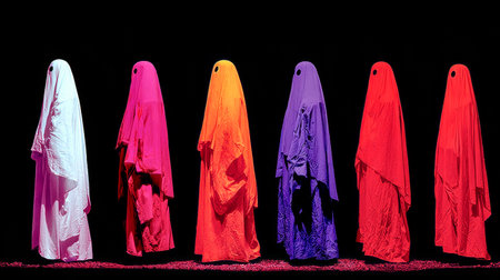Six vibrant ghost figures in different colors stand on a stage, illuminated by bright lights in an urban theater. Their unique hues create a striking visual effect at night.の素材