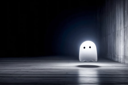 A small, glowing ghost figure stands in a dimly lit room with wooden floors, casting light in the darkness. The atmosphere feels calm and mysterious, suggesting a magical presence.の素材