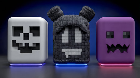 Three unique character designs are showcased against a dark backdrop. Each design features different textures, colors, and shapes, highlighting creativity and imagination.の素材