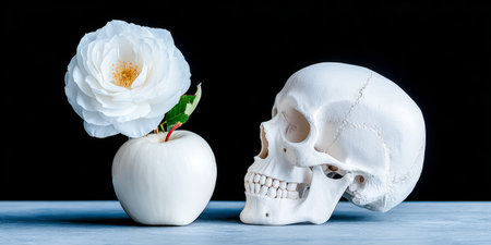 A white skull is placed beside a delicate flower that is in an apple-shaped vase. Both objects stand out against the dark background, illustrating a unique blend of life and mortality.の素材