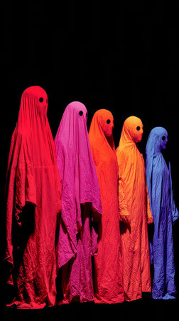 Five figures dressed as colorful ghosts pose together under stage lighting. Each ghost wears a unique shade of fabric, creating a striking visual contrast against the darkness.の素材