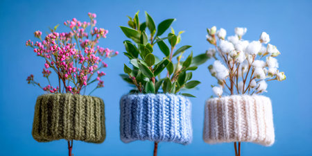 Knitted pots in soft colors hold vibrant flowers and green plants, creating a warm and inviting atmosphere. The background features a soothing blue, enhancing the playful display.の素材