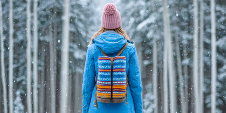 A woman in a blue jacket and pink beanie strolls through a snowy forest, surrounded by tall trees. Snowflakes gently fall around her as she enjoys natureâs tranquility.の素材