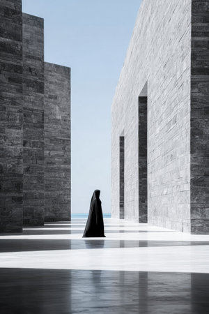 A woman dressed in traditional black attire walks alone in a vast space surrounded by gray stone walls. The bright sunny day highlights the contrasting colors and sleek lines.の素材