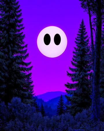 A large, round moon with two black dots shines brightly in a purple sky. Tall pine trees frame the view, creating a mysterious atmosphere in a peaceful forest at dusk.の素材