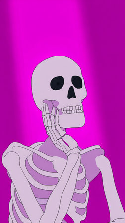 A cartoon skeleton rests its chin on its hand, deep in thought. The bright purple background creates a playful and whimsical atmosphere, adding to the character's charm.の素材