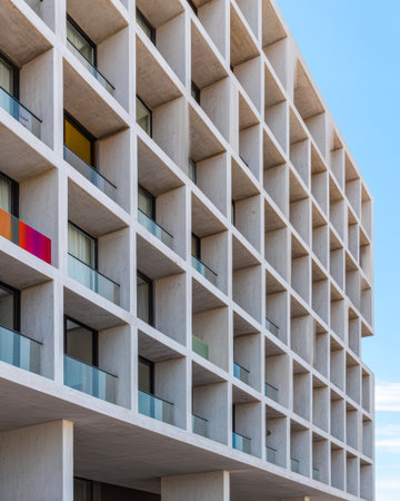 This structure features a clean, geometric facade with numerous square windows. The sunlight highlights the modern design, creating a striking visual effect in a city environment.の素材