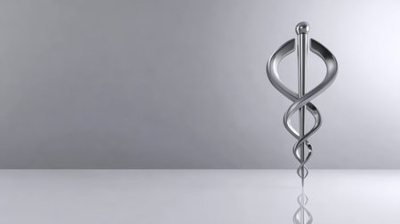 A metallic symbol representing medicine stands upright on a smooth, reflective surface. The design features intertwined elements, conveying themes of health and care.の素材