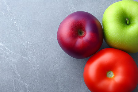 Three fresh apples, one red, one green, and one deep purple, are placed on a smooth gray marble surface. The apples are shiny and show their fresh appeal.の素材