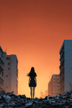 A woman in a black dress stands on debris, facing the sunset that casts orange light over abandoned buildings. The scene evokes a sense of loss and contemplation in the quiet aftermath of destruction.の素材