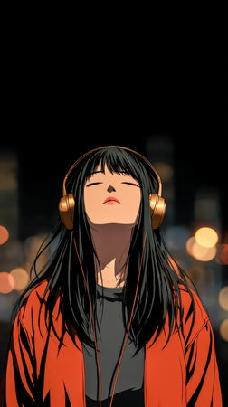 A young woman stands in a city at night wearing headphones. She has long black hair and a relaxed expression, clearly lost in her music as city lights twinkle around her.の素材
