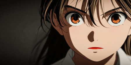 A determined character is shown in a close-up view, highlighting their intense expression and striking eyes. The dramatic lighting enhances the mood and focus on their emotions.の素材