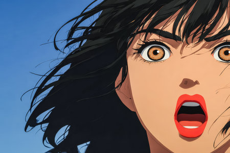 A startled female character displays fear and surprise with wide eyes and open mouth. Her long black hair flows in the breeze, highlighting the intensity of her expression against a clear blue sky.の素材