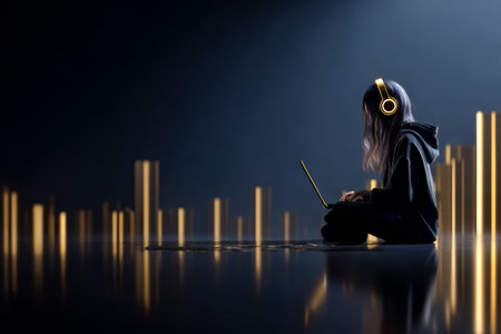 A young person sits cross-legged on the floor wearing headphones while focused on their laptop. Glowing sound bars create an ambient atmosphere in the dark room, enhancing the scene.の素材
