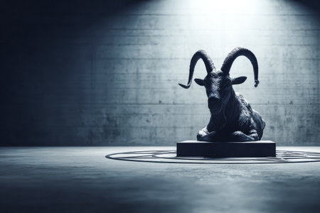 A detailed sculpture of a goat rests on a pedestal under dramatic lighting in a contemporary gallery. The dark atmosphere enhances the striking features of the artwork.の素材